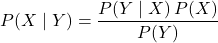 \begin{equation*}P(X \mid Y) = \frac{P(Y \mid X)\, P(X)}{P(Y)}\end{equation*}