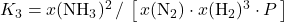 K_3 = x(\mathrm{NH_3})^{2} \,/\, \left[\, x(\mathrm{N_2}) \cdot x(\mathrm{H_2})^{3} \cdot P \,\right]