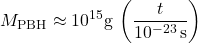 \begin{equation*}M_{\mathrm{PBH}} \approx 10^{15} \mathrm{g}\,\left(\frac{t}{10^{-23}\,\mathrm{s}}\right)\end{equation*}