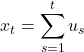 Rendered by QuickLaTeX.com \begin{equation*}x_{t}=\sum_{s=1}^{t}u_{s} \end{equation*}