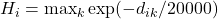 H_i = \max_k \exp(-d_{ik} / 20000)
