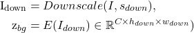 \begin{align*}\mathrm{I_{down} &= Downscale(I, s_{down}),\\\mathrm{z}_{bg} &= E(I_{down}) \in \mathbb{R}^{C \times h_{down}\times w_{down}}) }\end{align*}