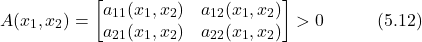 \begin{equation*} A(x_1,x_2) = \begin{bmatrix} a_{11}(x_1,x_2) & a_{12}(x_1,x_2) \\ a_{21}(x_1,x_2) & a_{22}(x_1,x_2) \end{bmatrix} > 0  \hspace{3em} \text{(5.12)} \end{equation*}