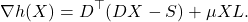 \begin{equation*}\nabla h(X)=D^\top(DX-S)+\mu XL.\end{equation*}