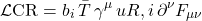 \begin{equation*}\mathcal{L}{\rm CR} = b_i\, \bar{T}\,\gamma^{\mu}\, u{R,i}\, \partial^{\nu} F_{\mu\nu}\end{equation*}