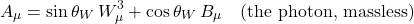 \[A_{\mu} = \sin\theta_W\, W_{\mu}^{3} + \cos\theta_W\, B_{\mu} \quad \text{(the photon, massless)}\]