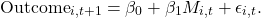 \[\text{Outcome}_{i,t+1} = \beta_0 + \beta_1 M_{i,t} + \epsilon_{i,t}.\]