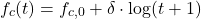 \begin{equation*}f_c(t) = f_{c,0} + \delta \cdot \log(t + 1) \end{equation*}