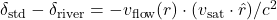 \delta_{\text{std}} - \delta_{\text{river}} = -v_{\text{flow}}(r) \cdot (v_{\text{sat}} \cdot \hat{r})/c^2