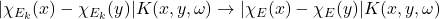 |\chi_{E_k}(x)-\chi_{E_k}(y)| K(x,y,\omega) \to |\chi_E(x)-\chi_E(y)| K(x,y,\omega)