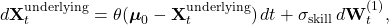 \[d\mathbf{X}_t^{\text{underlying}} = \theta(\boldsymbol{\mu}_0 - \mathbf{X}_t^{\text{underlying}})\, dt + \sigma_{\text{skill}}\, d\mathbf{W}_t^{(1)},\]