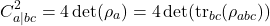 \begin{equation*}C_{a|bc}^2 = 4 \det(\rho_a) = 4 \det(\text{tr}_{bc}(\rho_{abc}))\end{equation*}