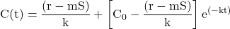 \[ \mathrm{C(t) = \frac{(r - mS)}{k} + \left[C_0 - \frac{(r - mS)}{k}\right] e^{(-kt)}}\]
