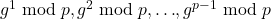 g^1 \bmod p,\; g^2 \bmod p,\; \ldots,\; g^{p-1} \bmod p