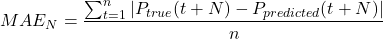 \begin{equation*}MAE_N = \frac{\sum_{t=1}^n |P_{true}(t+N) - P_{predicted}(t+N)|}{n}\end{equation*}