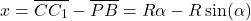 \[x = \overline{CC_1} - \overline{PB} = R\alpha - R\sin(\alpha)\]