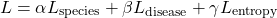 \[L = \alpha L_{\text{species}} + \beta L_{\text{disease}} + \gamma L_{\text{entropy}}\]