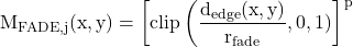 \begin{equation*}\mathrm{M_{FADE, j}(x,y) = \left[clip\left(\frac{d_{edge}(x,y)}{r_{fade}},0,1)\right]\right^p}\end{equation*}