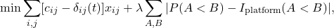 \[\min \sum_{i,j} [c_{ij} - \delta_{ij}(t)]x_{ij} + \lambda \sum_{A,B} |P(A < B) - I_{\text{platform}}(A < B)|,\]