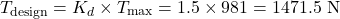 \begin{equation*}T_{\text{design}} = K_d \times T_{\text{max}} = 1.5 \times 981 = 1471.5 \text{ N} \nonumber\end{equation*}