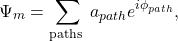 \[\Psi_m=\sum_{\text {paths }} a_{p a t h} e^{i \phi_{p a t h}} \text {, }\]