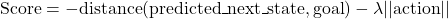 \begin{equation*}  \text{Score} = -\text{distance} (\text{predicted\_next\_state}, \text{goal})  - \lambda || \text{action} ||  \end{equation*}