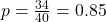 p = \frac{34}{40} = 0.85
