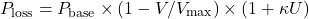 \begin{equation*}P_{\text{loss}} = P_{\text{base}} \times (1-V/V_{\text{max}}) \times (1+\kappa U)\end{equation*}