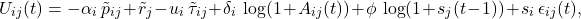 \begin{equation*}U_{ij}(t)=-\alpha_i\,\tilde{p}_{ij}+\tilde{r}_{j}-u_i\,\tilde{\tau}_{ij}+\delta_i\,\log(1+A_{ij}(t))+\phi\,\log(1+s_{j}(t-1))+s_i\,\epsilon_{ij}(t),\end{equation*}
