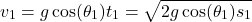 \begin{equation*}v_1 = g \cos(\theta_1) t_1 = \sqrt{2g \cos(\theta_1) s_1}\end{equation*}