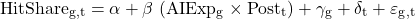 \[\mathrm{HitShare_{g,t} = \alpha + \beta\ (AIExp_g \times Post_t) + \gamma_g + \delta_t + \varepsilon_{g,t}}\]