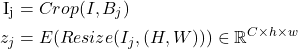\begin{align*}\mathrm{I_j &= Crop(I, B_j)\\z_j &= E(Resize(I_j,(H,W)))\in \mathbb{R}^{C\times h \times w}}\end{align*}