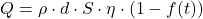 \begin{equation*}Q = \rho \cdot d \cdot S \cdot \eta \cdot (1 - f(t)) \end{equation*}