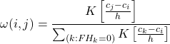 \[\omega(i,j)=\frac{K\left[\frac{c_j-c_i}{h}\right]}{\sum_{(k: FH_k=0)} K\left[\frac{c_k-c_i}{h}\right]}\]