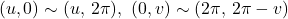 \[(u,0)\sim(u,\,2\pi),\ (0,v)\sim(2\pi,\,2\pi-v)\]