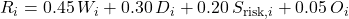 R_i = 0.45\,W_i + 0.30\,D_i + 0.20\,S_{\mathrm{risk},i} + 0.05\,O_i