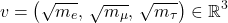 \[v = \left(\sqrt{m_{e}},\, \sqrt{m_{\mu}},\, \sqrt{m_{\tau}}\right) \in \mathbb{R}^{3}\]
