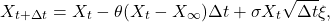\begin{equation*}X_{t+\Delta t} = X_t - \theta (X_t - X_{\infty}) \Delta t + \sigma X_t \sqrt{\Delta t} \xi,\end{equation*}