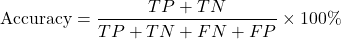 \begin{equation*}\text{Accuracy} = \frac{TP + TN}{TP + TN + FN + FP} \times 100\% \end{equation*}