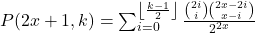 P(2 x+1, k)=\sum_{i=0}^{\left\lfloor\frac{k-1}{2}\right\rfloor} \frac{\binom{2 i}{i}\binom{2 x-2 i}{x-i}}{2^{2 x}}