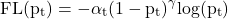 \[\mathrm{FL(p_t) = -\alpha_t (1 - p_t)^\gamma log(p_t)}\]