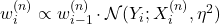 w_i^{(n)} \propto w_{i-1}^{(n)} \cdot \mathcal{N}(Y_i; X_i^{(n)}, \eta^2)