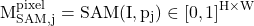 \begin{equation*}\mathrm{M_{SAM,j}^{pixel} = SAM(I,p_j)\in [0,1]^{H\times W}}\end{equation*}