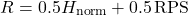 \begin{equation*} R = 0.5 H_{\text{norm}} + 0.5\, \text{RPS} \end{equation*}