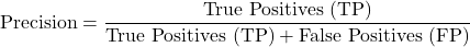 \[\text{Precision} = \frac{\text{True Positives (TP)}}{\text{True Positives (TP)} + \text{False Positives (FP)}}\]