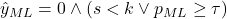 \hat{y}_{ML} = 0 \wedge (s < k \vee p_{ML} \geq \tau)