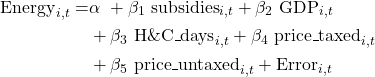 Rendered by QuickLaTeX.com \begin{equation*}\begin{split}\mathrm{Energy}_{i,t} =& \alpha\ + \beta_1\ \mathrm{subsidies}_{i,t} + \beta_2\ \mathrm{GDP}_{i,t} \\& + \beta_3\ \text{H\&C\_days}_{i,t} + \beta_4\ \text{price\_taxed}_{i,t} \\& + \beta_5\ \text{price\_untaxed}_{i,t} + \mathrm{Error}_{i,t}\end{split}\end{equation*}