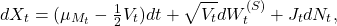 \begin{equation*}dX_t = (\mu_{M_t} - \tfrac{1}{2} V_t) dt + \sqrt{V_t} dW_t^{(S)} + J_t dN_t,\end{equation*}