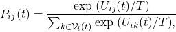 \begin{equation*}P_{ij}(t)=\frac{\exp\!\left(U_{ij}(t)/T\right)}{\sum_{k\in\mathcal{V}_i(t)} \exp\!\left(U_{ik}(t)/T\right)},\end{equation*}