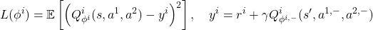 \begin{equation*}L(\phi^i) = \mathbb{E}\left[\left(Q^i_{\phi^i}(s, a^1, a^2) - y^i\right)^2\right], \quad y^i = r^i + \gamma Q^i_{\phi^{i,-}}(s', a^{1,-}, a^{2,-}) \end{equation*}
